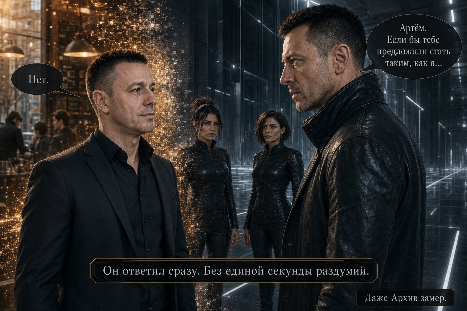 A split composition: Earth's Artem in the coffee shop on the left, the Architect in a cyberpunk corridor on the right with Lira and Gemini behind him — "If you were offered the chance to become like me..." "No." — "Even the Archive went still."
