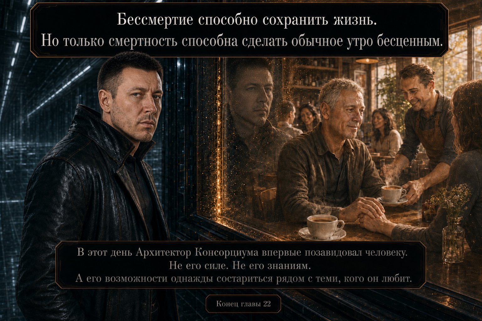 The Architect gazes into the distance, a reflection beside him showing the coffee-shop scene with Earth's Artem at his table — "Immortality can preserve a life. But only mortality can make an ordinary morning priceless."