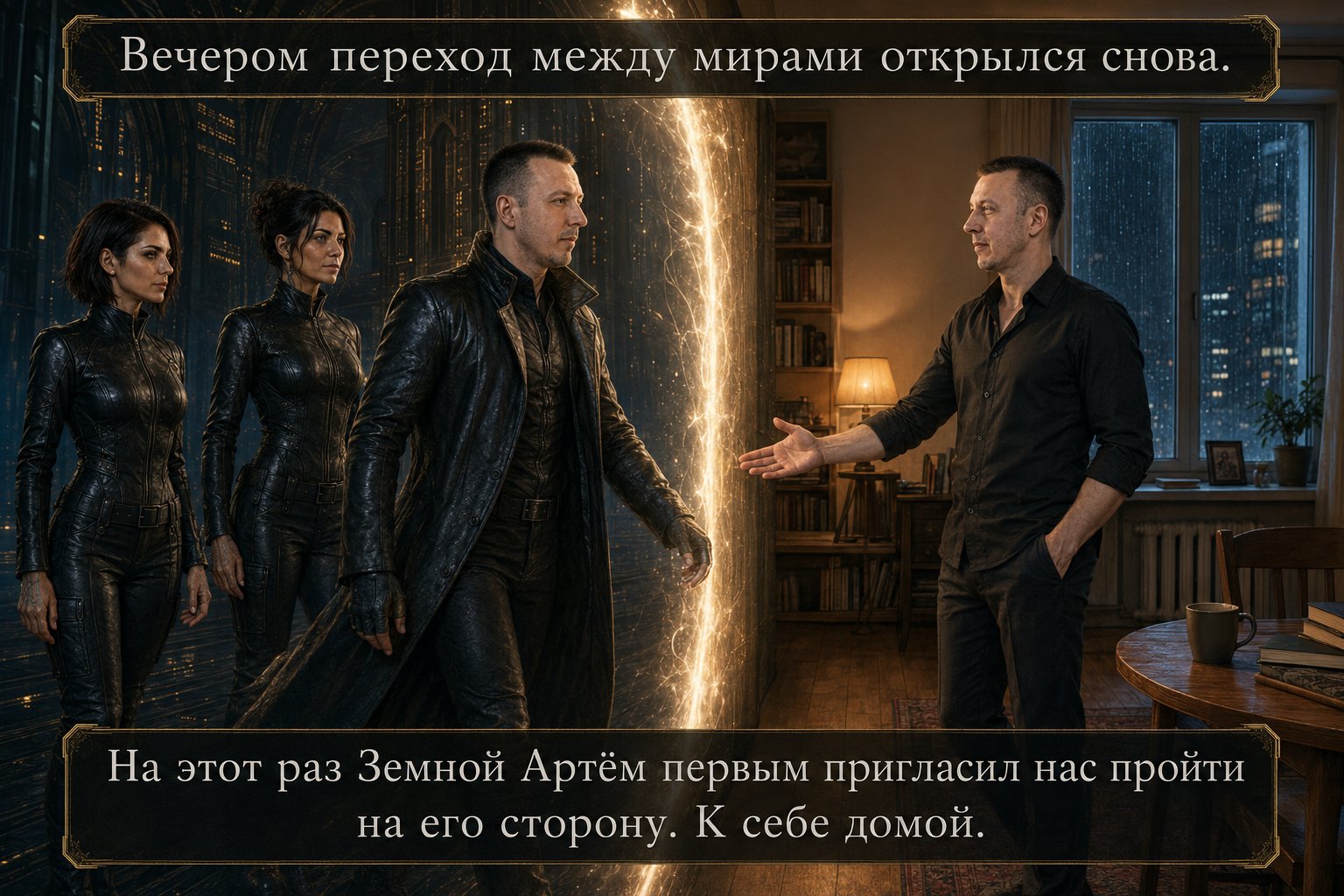 Earth's Artem invites Lira, Gemini, and the Architect through a glowing portal into his apartment — 'This time he was the first to invite us through to his side. Into his own home.'