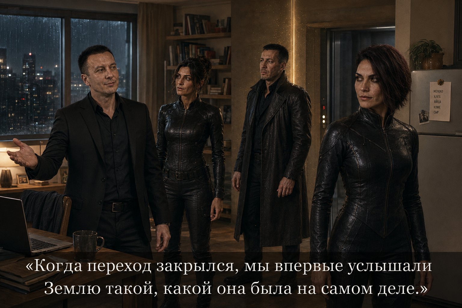 All four of them in Earth's Artem's ordinary apartment — a grocery list and a family photo on the refrigerator — 'For the first time, we heard Earth exactly as it truly was.'
