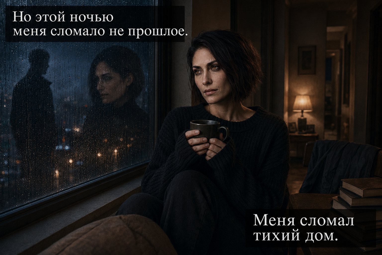 Lira alone at the window in an oversized sweater, holding a cup of cold coffee, the rainy night city and her own reflection in the glass — 'It was this quiet house that broke me.'
