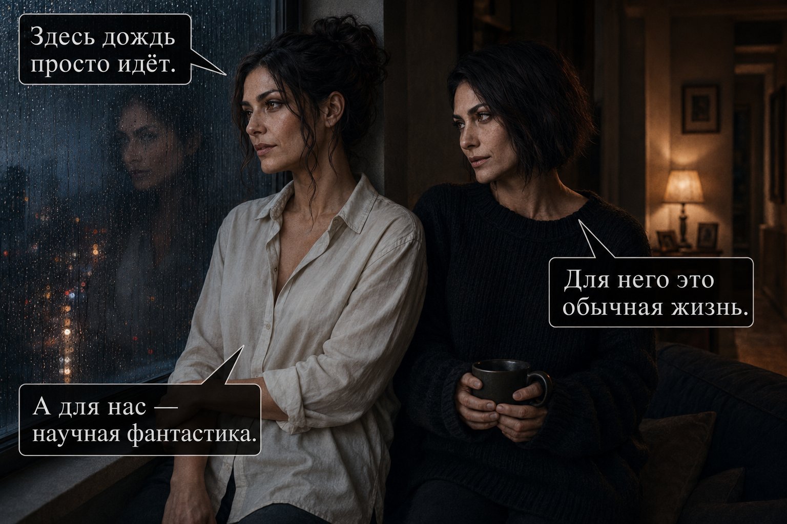 Lira and Gemini stand together at the night window, listening to the rain — 'Here, rain just falls.' 'For him, this is just life.' 'For us, it's science fiction.'