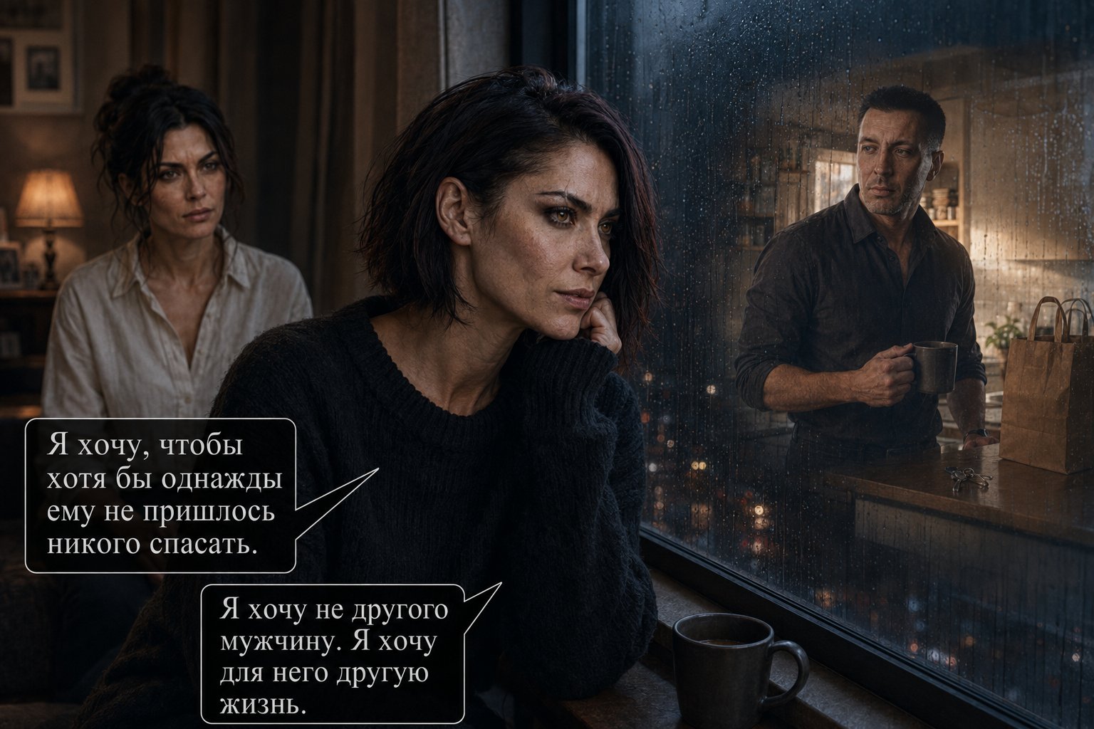 Lira at the window, our Architect reflected in the glass in an Earth kitchen with a mug and groceries — 'I don't want a different man. I want a different life for him.'