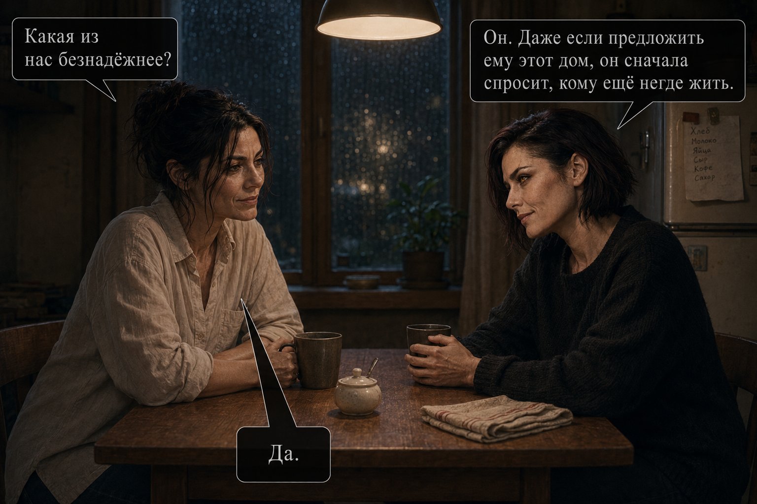 Gemini and Lira at the kitchen table, the grocery list still on the refrigerator behind them — 'Which of us is more hopeless?' 'Him. Even if you offered him this house, he'd ask first who else had nowhere to live.'