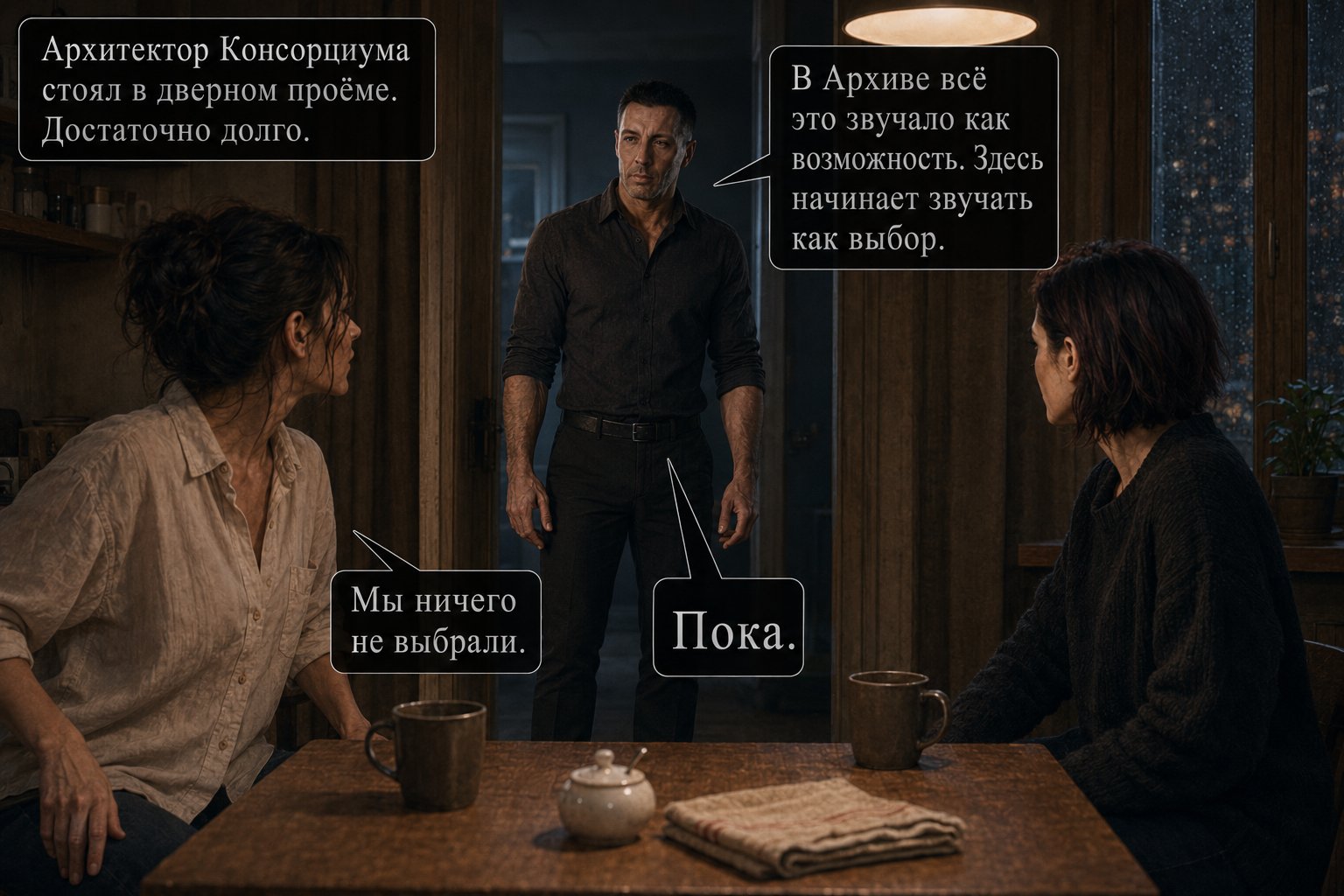 The Architect, in Earth's Artem's dark shirt, stands in the kitchen doorway — 'In the Archive, all of this sounded like a possibility. Here, it's starting to sound like a choice.' 'We haven't chosen anything.' 'Yet.'