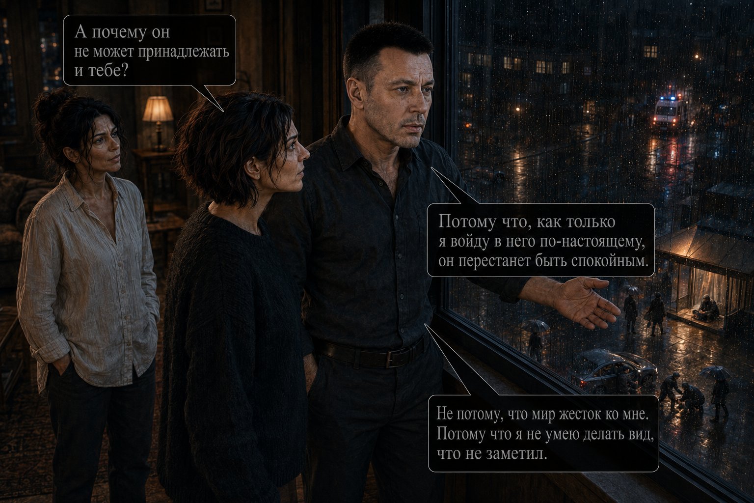 The Architect looks out the window at a night street where an accident is unfolding and people are in trouble — 'The moment I truly step into it, it will stop being peaceful. I don't know how to pretend I haven't noticed.'