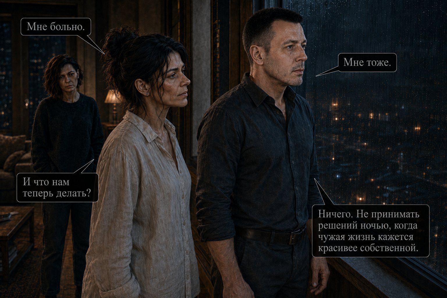 Lira, Gemini, and the Architect together at the window — 'It hurts.' 'It hurts me too.' 'So what do we do now?' 'Nothing. We don't make decisions at night, when someone else's life looks more beautiful than our own.'