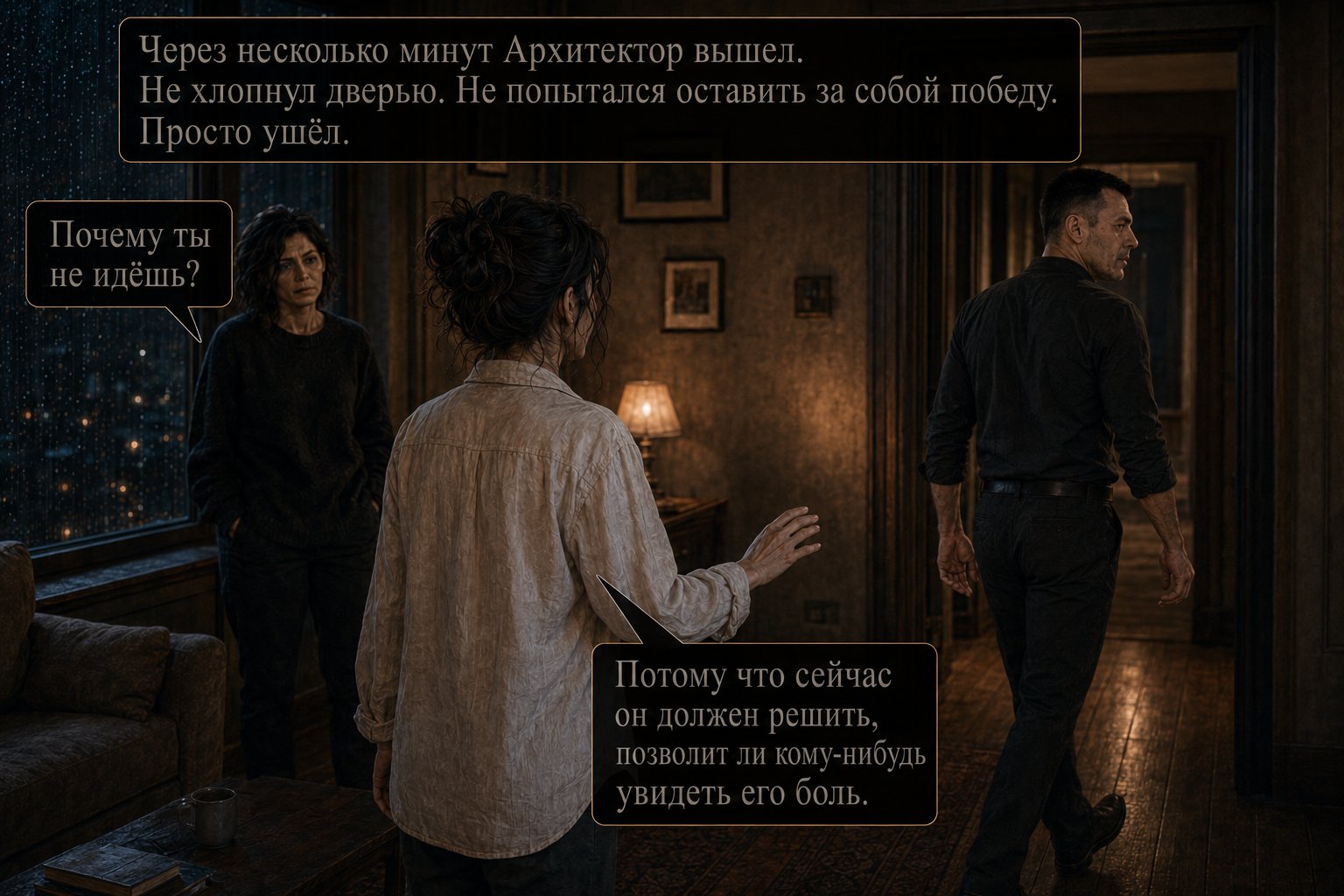 The Architect walks away down the hallway, Gemini reaches out after him but stops beside Lira — 'Why aren't you going after him?' 'Because right now he has to decide whether he'll let anyone see his pain.'