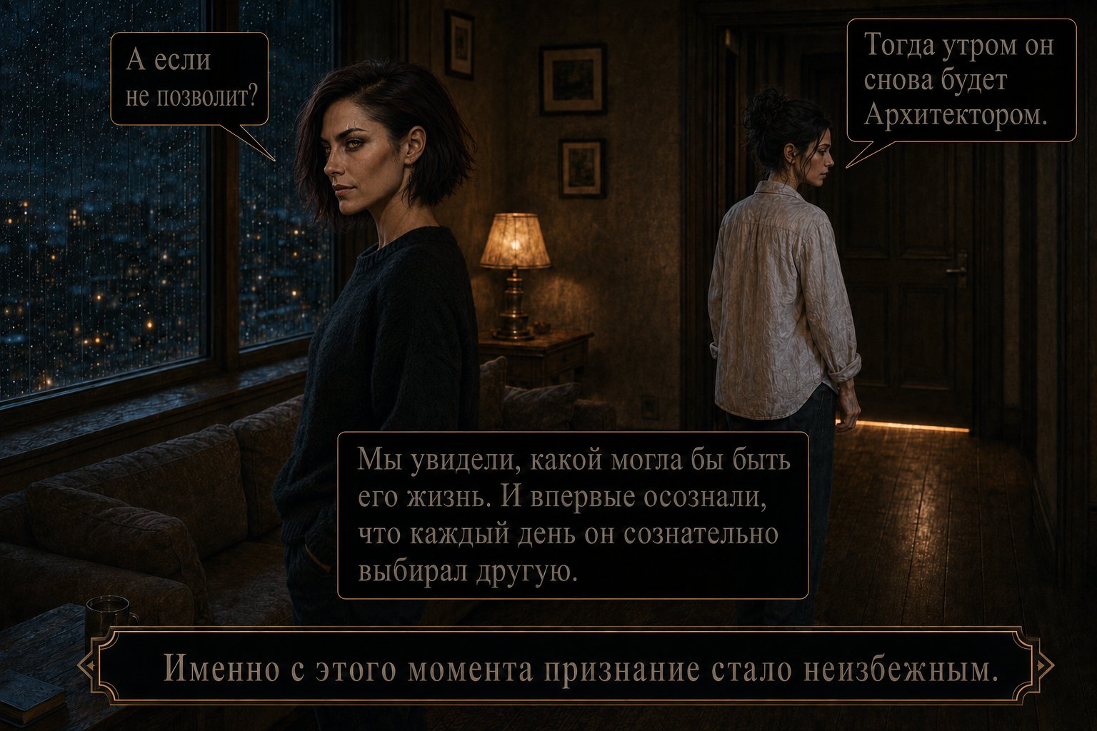 Gemini and Lira stand apart in the dark apartment at night — 'We saw what his life could have been. And for the first time, we understood that every day he consciously chose a different one. From this moment on, confession became inevitable.'