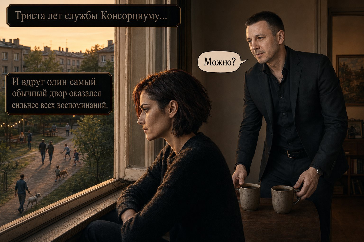 Lira sits at the window, watching an ordinary evening courtyard where children play, as Earth's Artem approaches with two mugs of coffee — 'May I?' 'And suddenly one perfectly ordinary courtyard outweighed every memory I had.'
