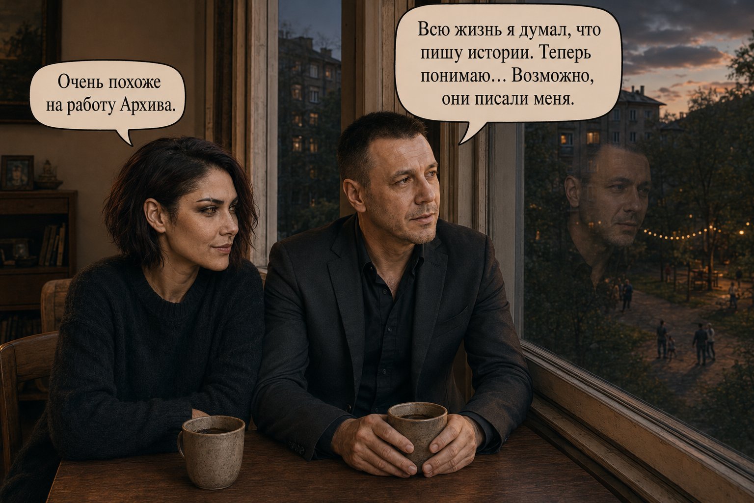 Lira and Earth's Artem sit by the window with coffee at sunset — 'My whole life I thought I was writing the stories. Now I understand: maybe they were writing me.' 'That sounds a great deal like how the Archive works.'