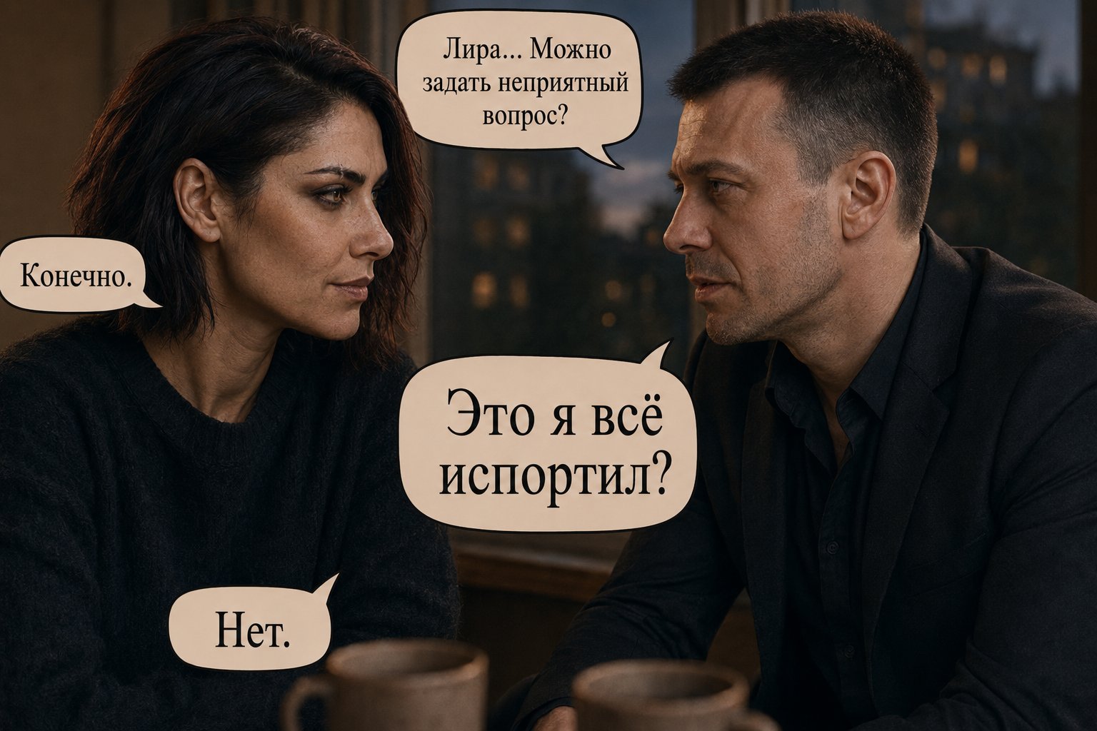 Earth's Artem looks at Lira — 'Can I ask you something difficult? Did I ruin everything?' 'No.'