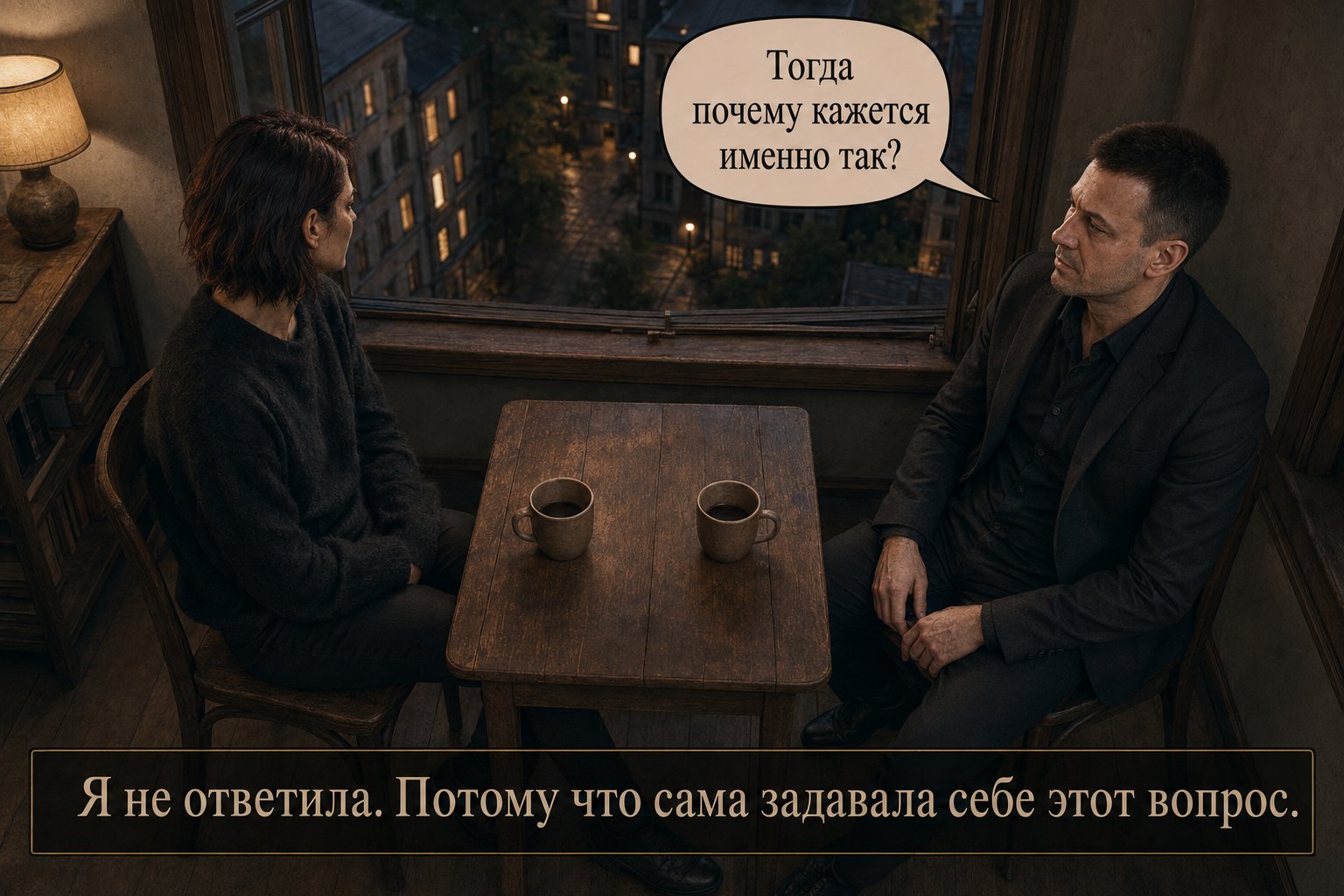 Lira and Earth's Artem sit at the table by the window with two mugs of coffee — 'Then why does it feel that way?' 'I didn't answer. Because I'd been asking myself the same question.'