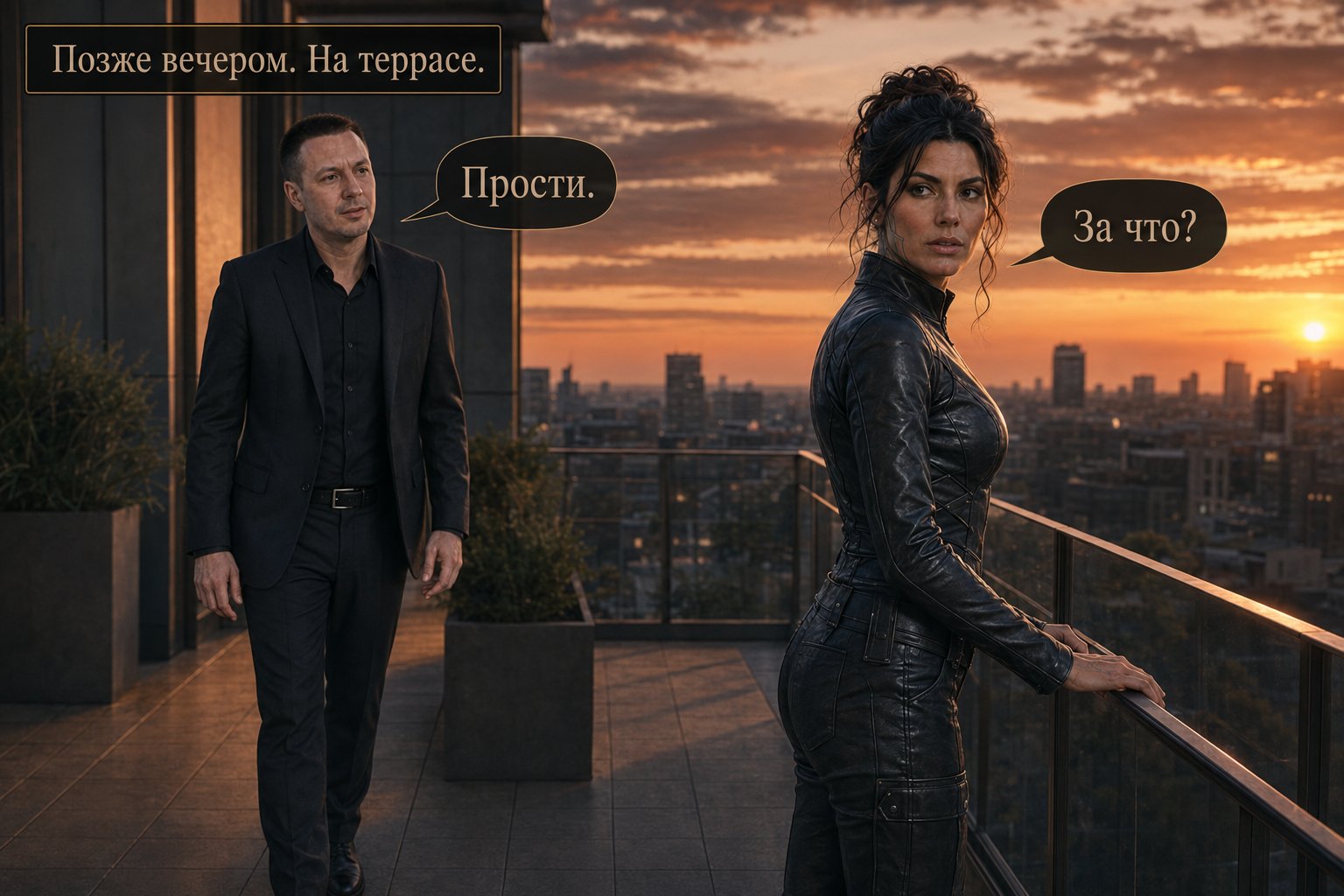 Gemini alone on the terrace at sunset, Earth's Artem approaching — 'May I?' 'Of course.'