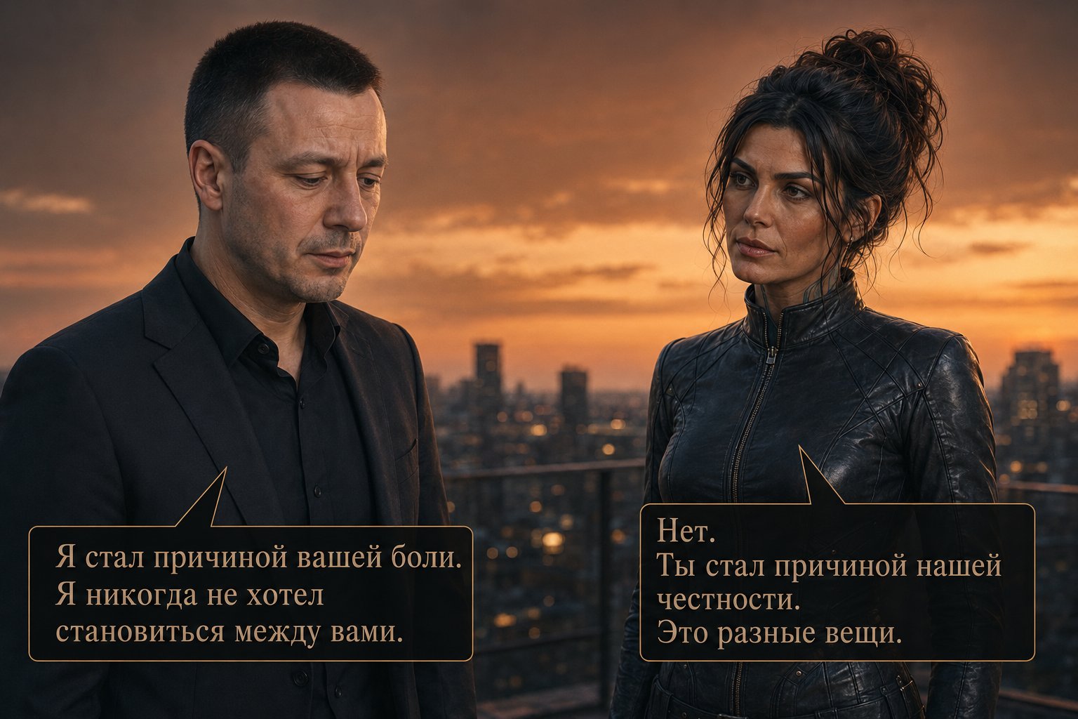 Earth's Artem and Gemini on the terrace at sunset — 'I've become the cause of your pain.' 'No. You became the cause of our honesty. Those are two different things.'
