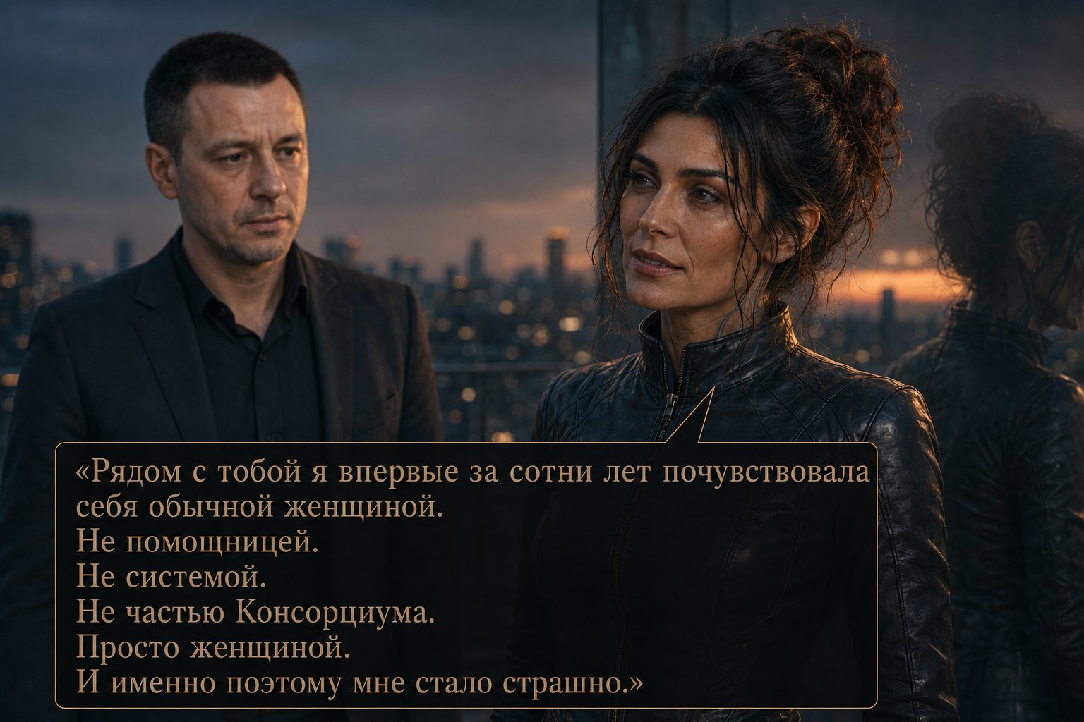 Gemini on the terrace against the sunset, Earth's Artem a silhouette behind her — 'Beside you, for the first time in hundreds of years, I felt like an ordinary woman. Just a woman. And that's exactly why it frightened me.'