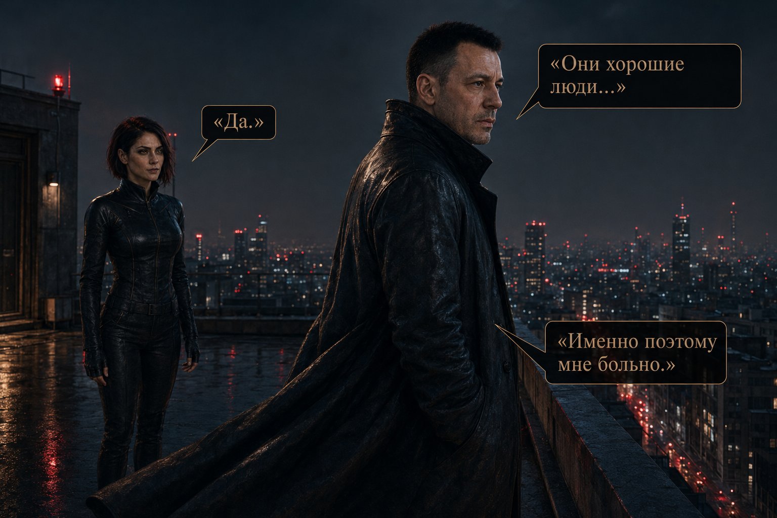 The Architect alone on the rooftop above the night city, Lira standing a little apart — 'They're good people...' 'Yes.' 'Which is exactly why it hurts.'