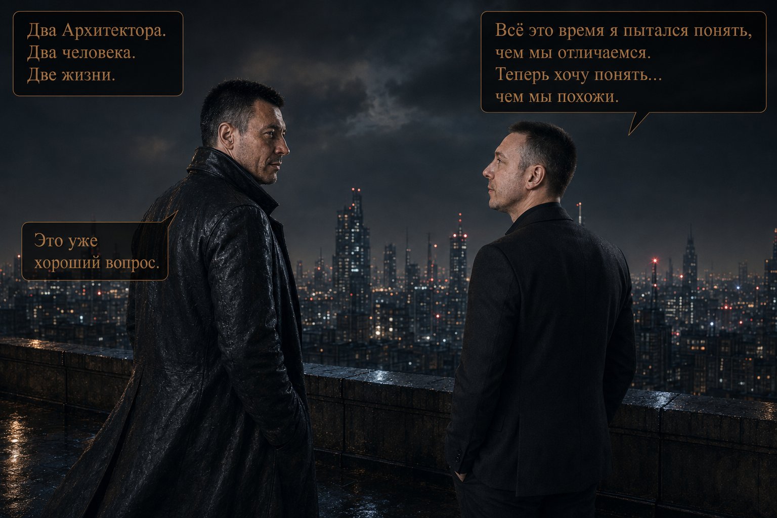 The Architect and Earth's Artem stand side by side on the rooftop, both looking out at the night city — 'This whole time I've been trying to understand how we're different. Now I want to understand how we're alike.' 'Now that's a good question.'