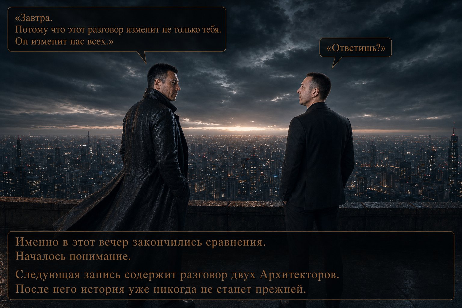 The Architect and Earth's Artem stand with their backs to the camera on the rooftop, looking out over the city at dawn — 'Will you answer it?' 'Tomorrow. This conversation won't change only you. It will change all of us.'
