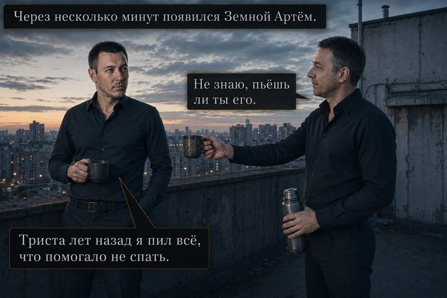Earth's Artem holds out a mug of coffee to the Architect on the rooftop at dawn — 'Not sure if you even drink this.' 'Three hundred years ago, I drank whatever kept me awake.'