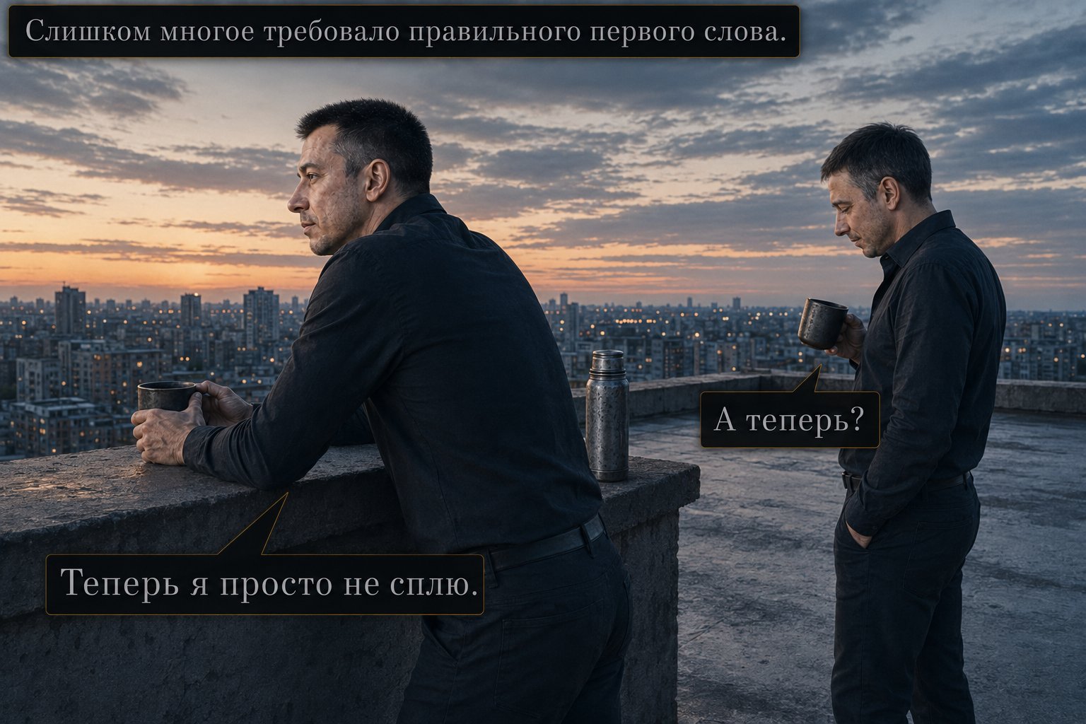 The Architect and Earth's Artem stand at opposite edges of the roof, each with his mug — 'Too much depended on finding the right first words.' 'And now?' 'Now I just don't sleep.'
