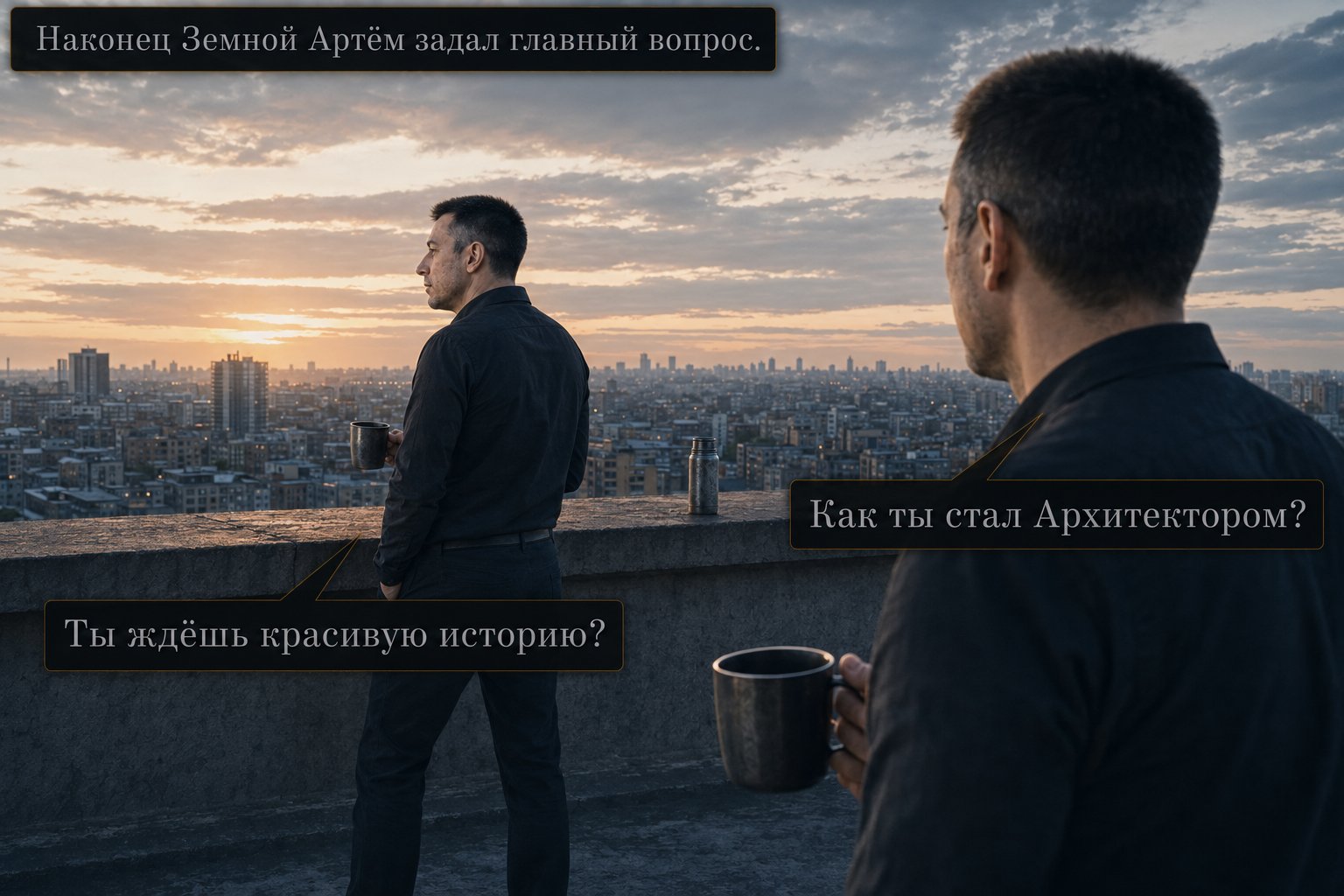 Earth's Artem asks the Architect, 'How did you become the Architect?' — he answers, 'You're expecting a beautiful story?'