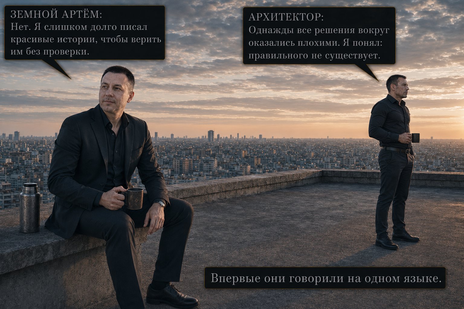 Earth's Artem sits on the parapet, the Architect stands apart, his back to the dawn — 'One day, every choice around me turned out to be a bad one. I realized there was no such thing as the right one.' For the first time, they were speaking the same language.