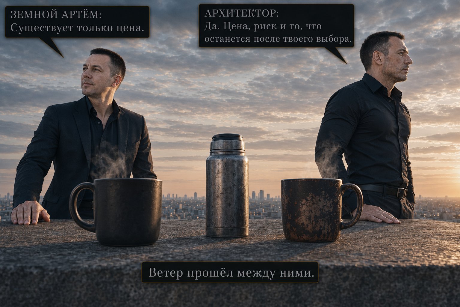 Two mugs and a thermos sit on the parapet between the Architect and Earth's Artem — 'There's only the price.' 'Yes. The price, the risk, and whatever's left after you've made your choice.'