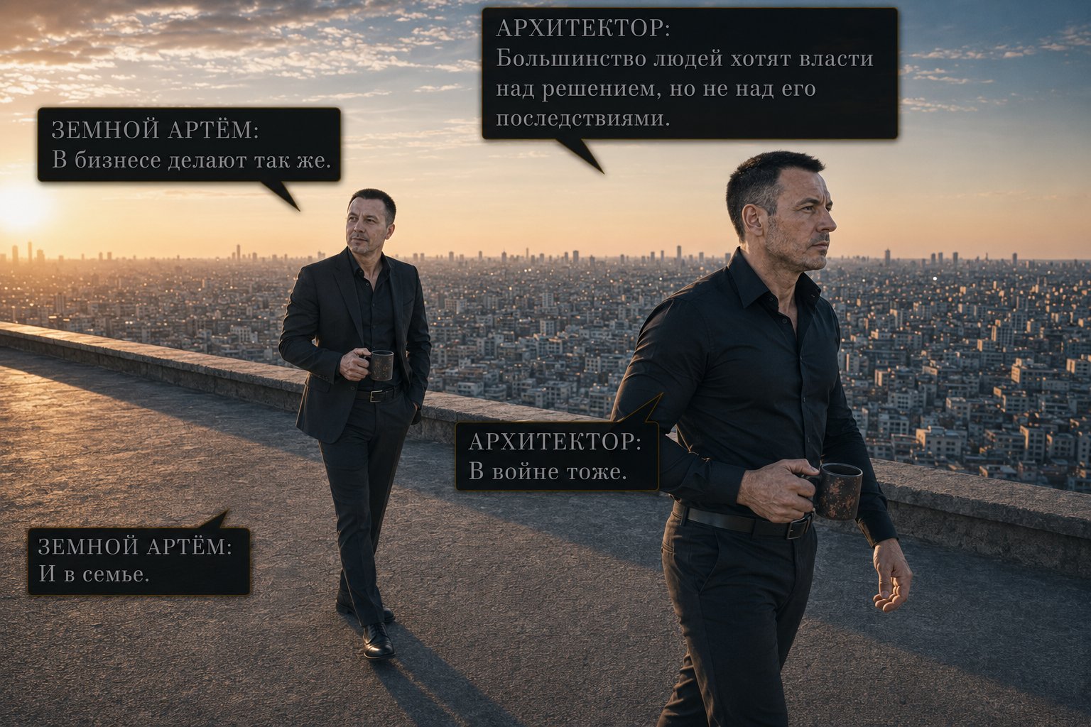 The Architect and Earth's Artem walk along the edge of the roof — 'Most people want power over the decision, but not over its consequences.' 'Business works the same way.' 'So does war.' 'And family.'