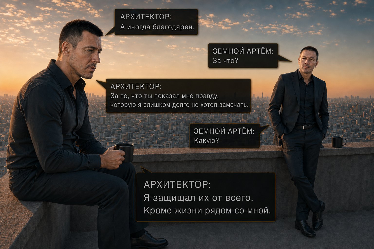 The Architect sits with his mug of coffee, Earth's Artem stands nearby — 'And sometimes grateful.' 'For what?' 'For showing me the truth. I protected them from everything. Except a life beside me.'