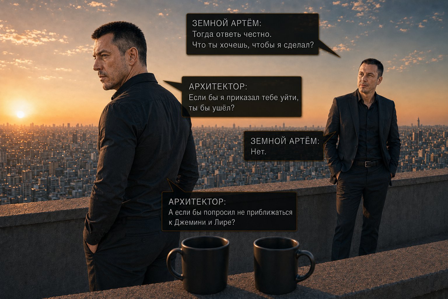 The Architect and Earth's Artem stand at opposite edges of the roof, mugs in hand — 'Then answer me honestly. What do you want me to do?' 'If I ordered you to leave, would you go?' 'No.' 'And if I asked you to stay away from Gemini and Lira?'