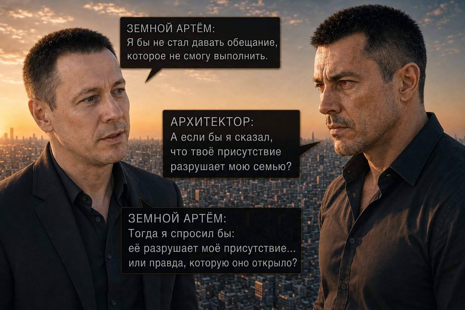 The Architect's eyes flare red as Earth's Artem speaks — 'Is my presence really destroying your family, or has it simply made the old inertia impossible to keep up?'