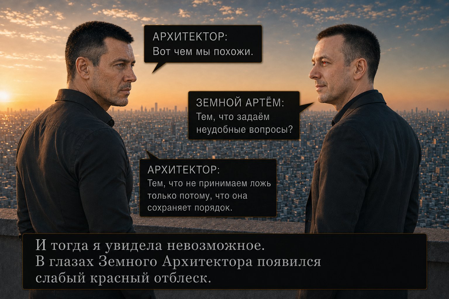 Both men look at each other as a faint red glint appears in Earth's Artem's eyes — an echo of the first flare — 'By refusing to accept a lie just because it keeps things orderly.'
