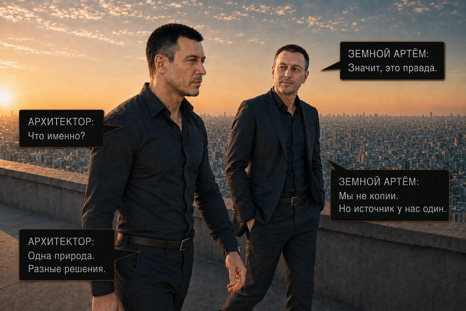 The Architect and Earth's Artem walk side by side across the roof — 'So it's true.' 'We're not copies. But we share one source.' 'One nature. Different choices.'