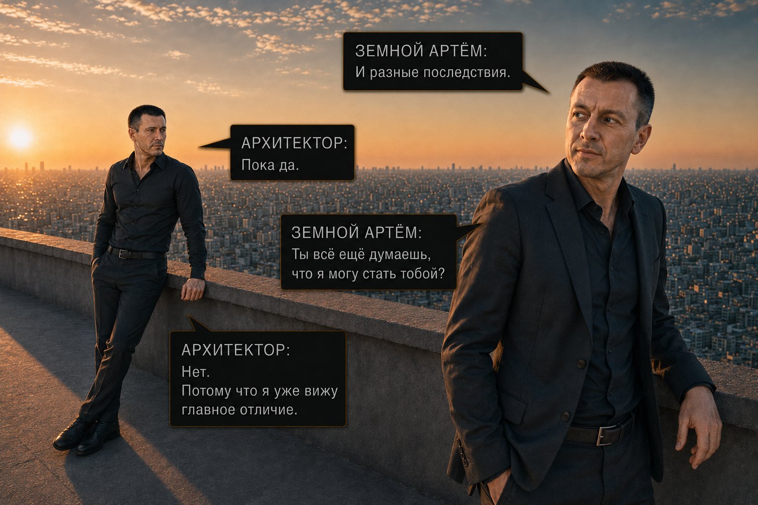 The Architect and Earth's Artem stand by the parapet — 'And different consequences.' 'For now, yes.' 'Do you still think I could become you?' 'No. Because I can already see the essential difference.'