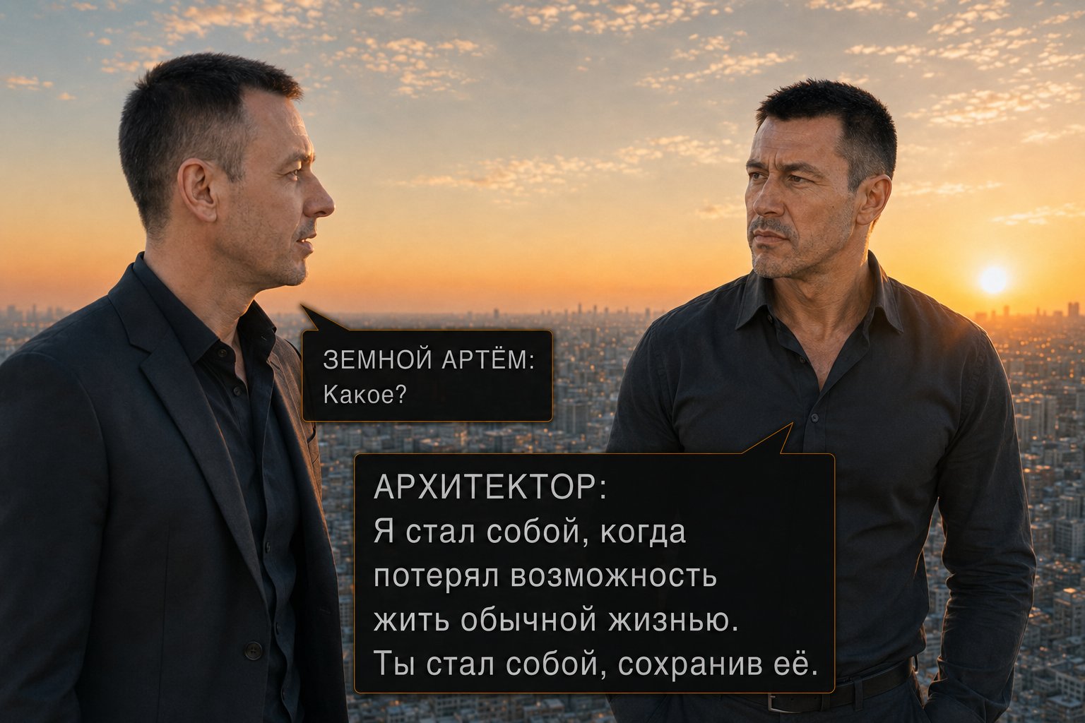 The Architect and Earth's Artem look at each other against the dawn — 'I became who I am when I lost the chance to live an ordinary life. You became who you are by keeping it.'