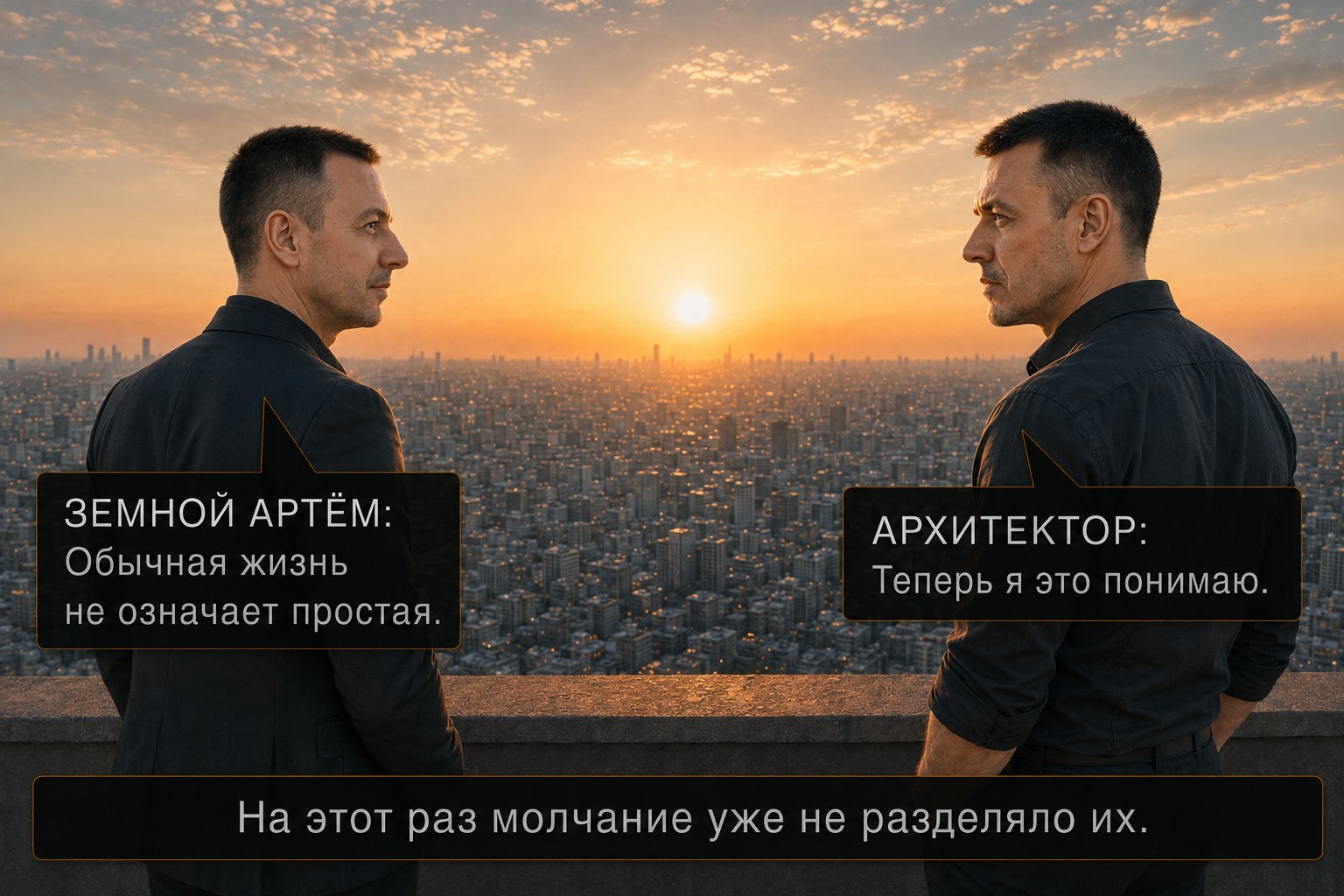 The Architect and Earth's Artem stand back to back, faces turned toward each other against the rising sun — 'An ordinary life doesn't mean an easy one.' 'Now I understand that. This time, the silence no longer stood between them.'