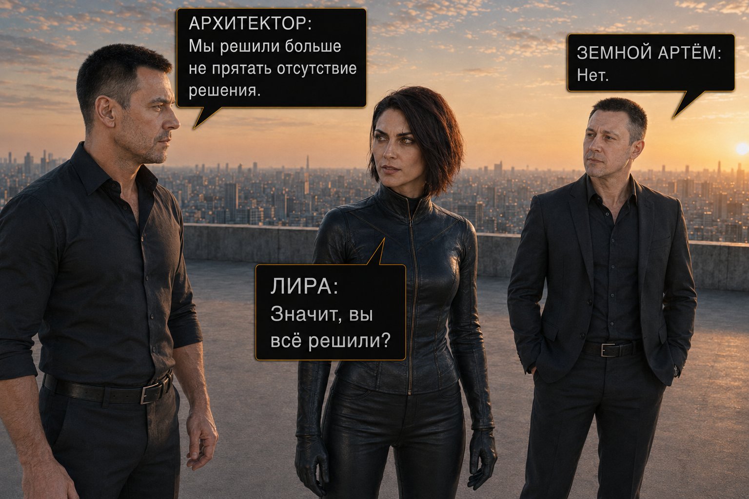 Lira steps out onto the roof to join the Architect and Earth's Artem — 'So you've decided everything?' 'No.'