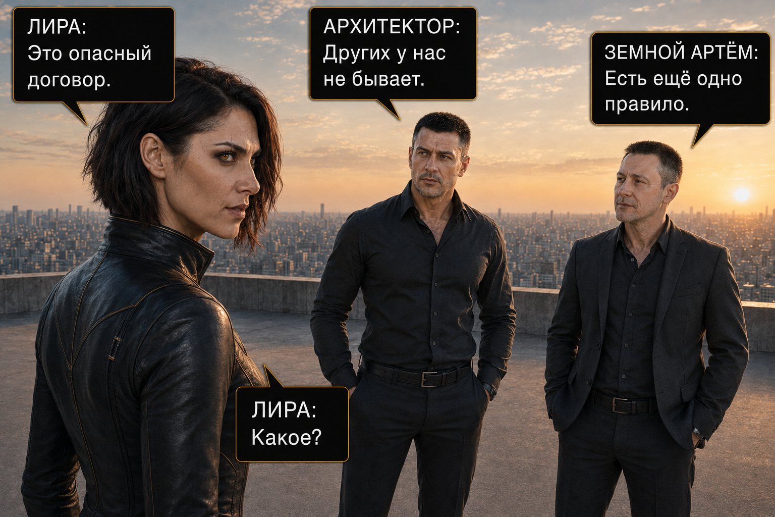 Lira, the Architect, and Earth's Artem stand together on the roof — 'We decided to stop hiding the fact that there isn't one.' 'That's a dangerous agreement.' 'We don't make any other kind.'