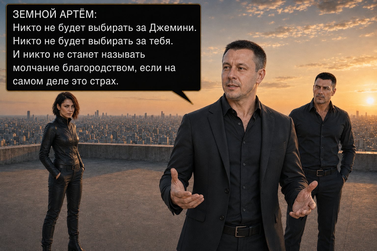 Earth's Artem speaks, spreading his hands, while Lira and the Architect listen — 'No one chooses for Gemini. No one chooses for you. And no one calls silence noble when it's really just fear.'