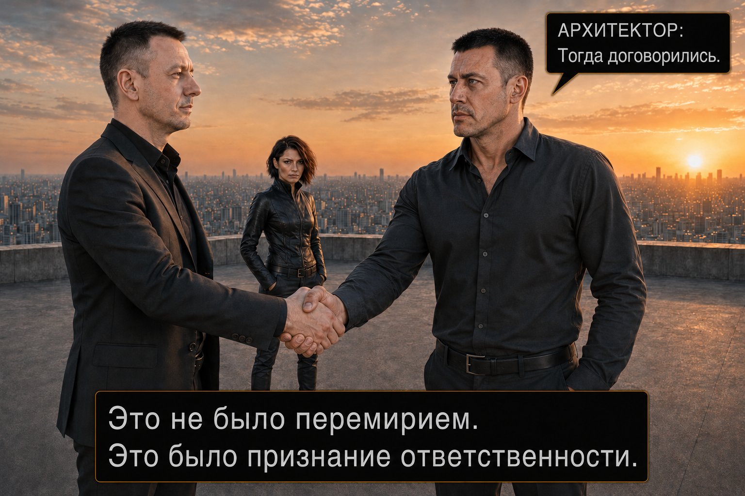 The Architect and Earth's Artem shake hands, Lira standing beside them — 'Then we're agreed.' It wasn't a truce — it was an acknowledgment of responsibility