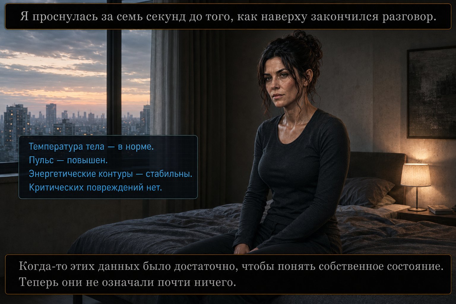 Gemini sits on the bed in an Earth bedroom at dawn — 'I woke seven seconds before the conversation upstairs ended'
