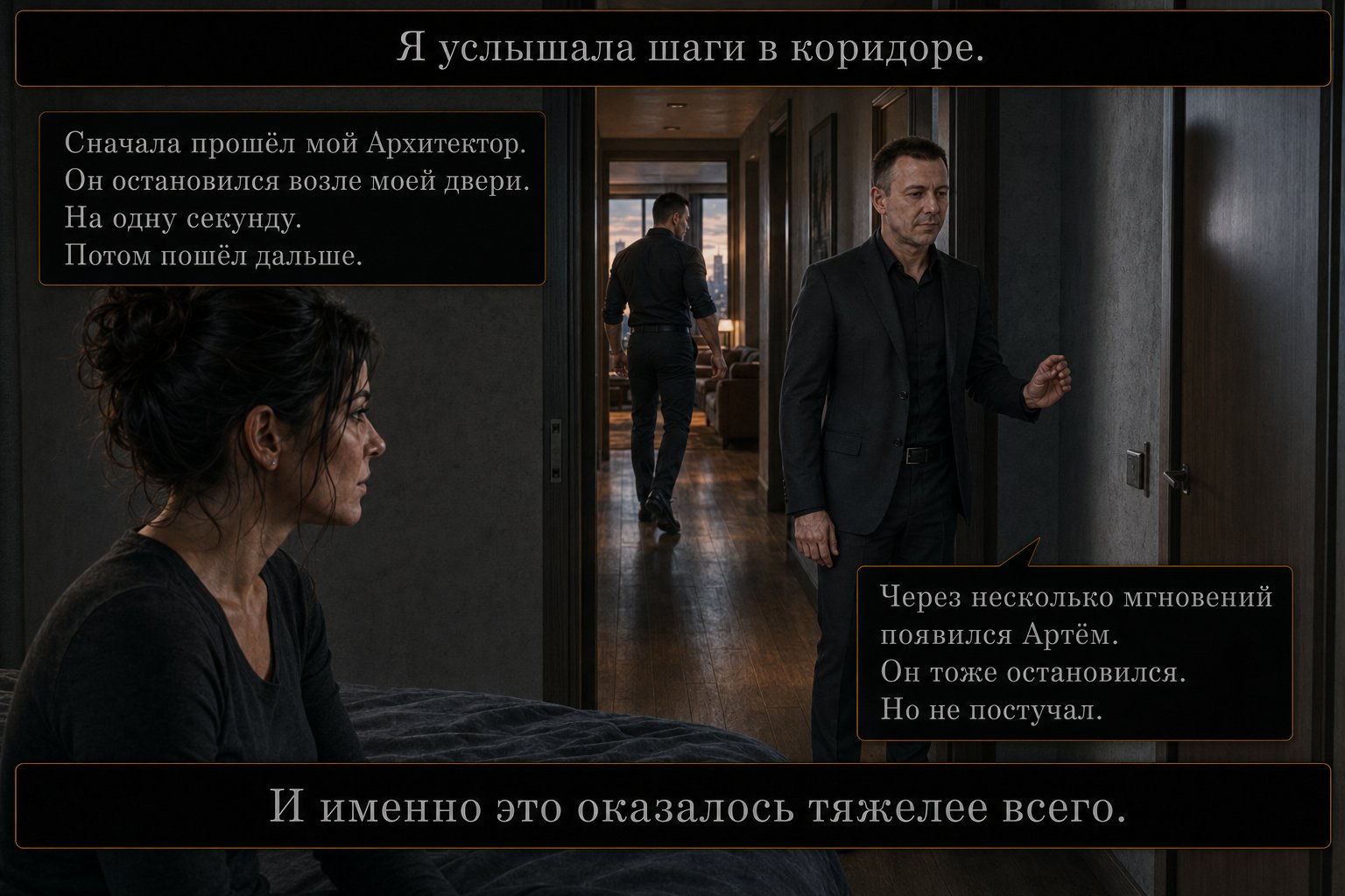 Our Architect and Earth's Artem pass one after another and pause at Gemini's door in the hallway — 'He paused outside my door. Artem stopped too. But he didn't knock'