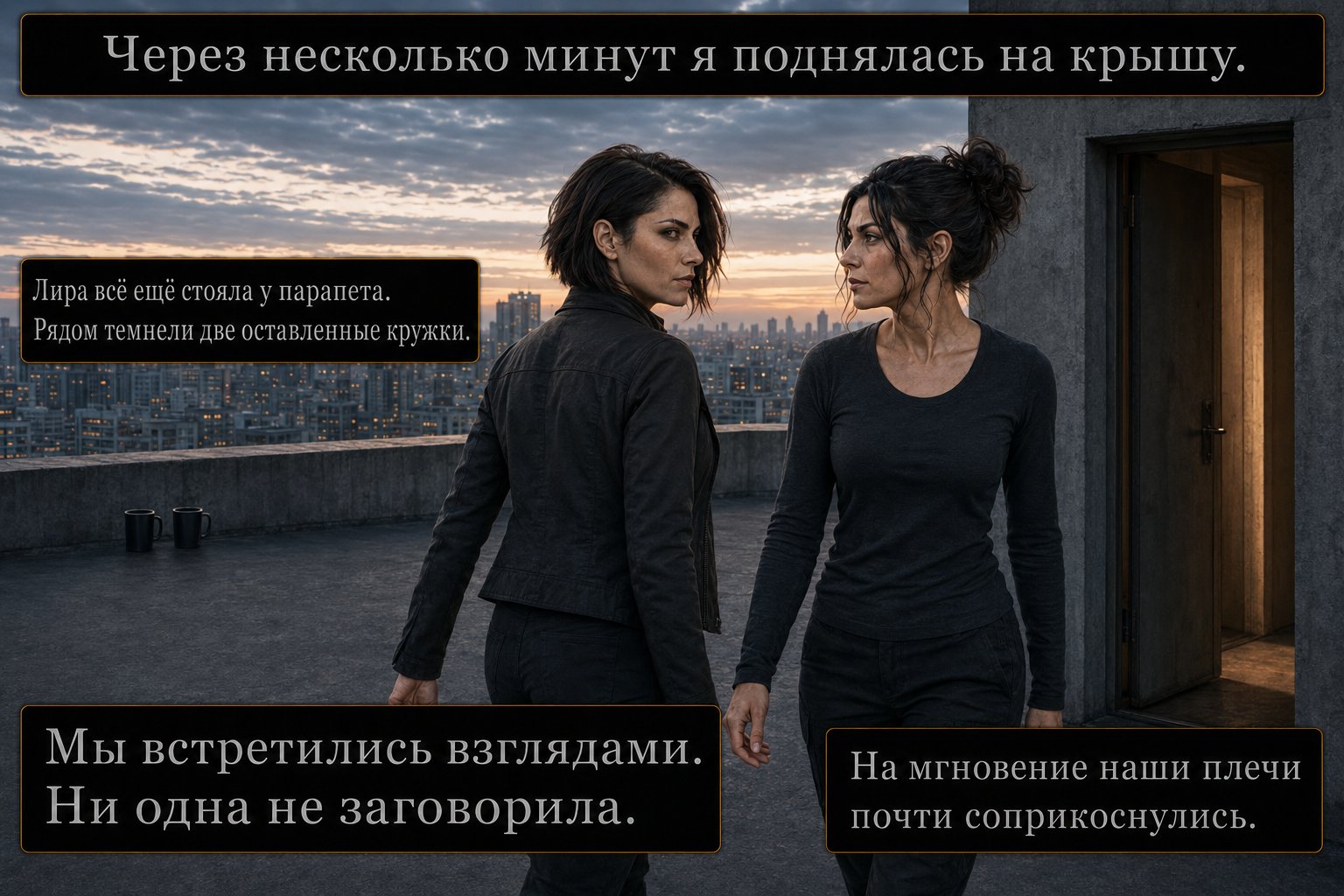 Gemini meets Lira's eyes on the rooftop, their shoulders nearly touching — 'Our eyes met. Neither of us spoke'