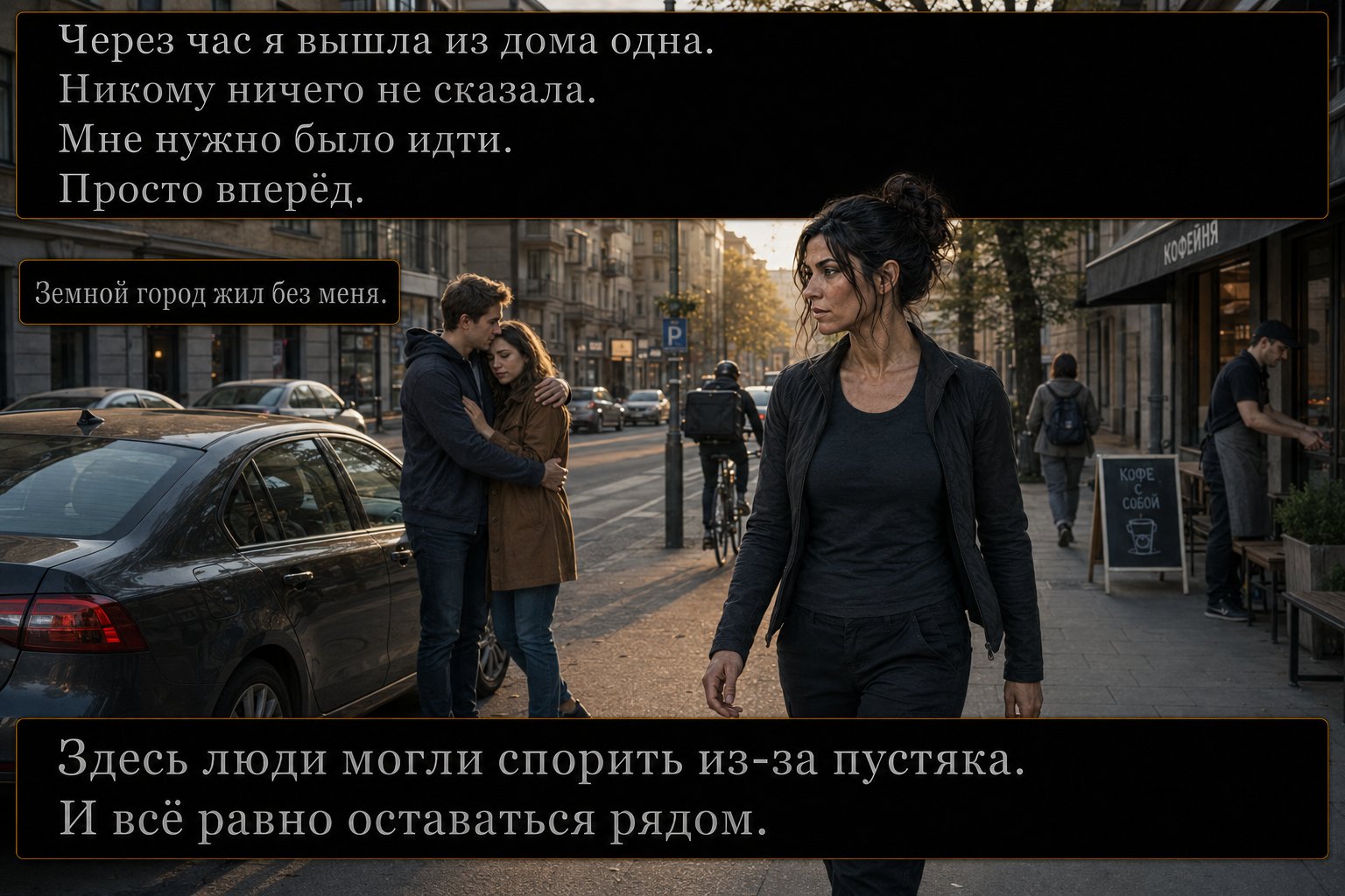 Gemini walks alone down an Earth street past a café, a couple making up after an argument in the distance — 'Here, people could quarrel over nothing at all. And still stay together'