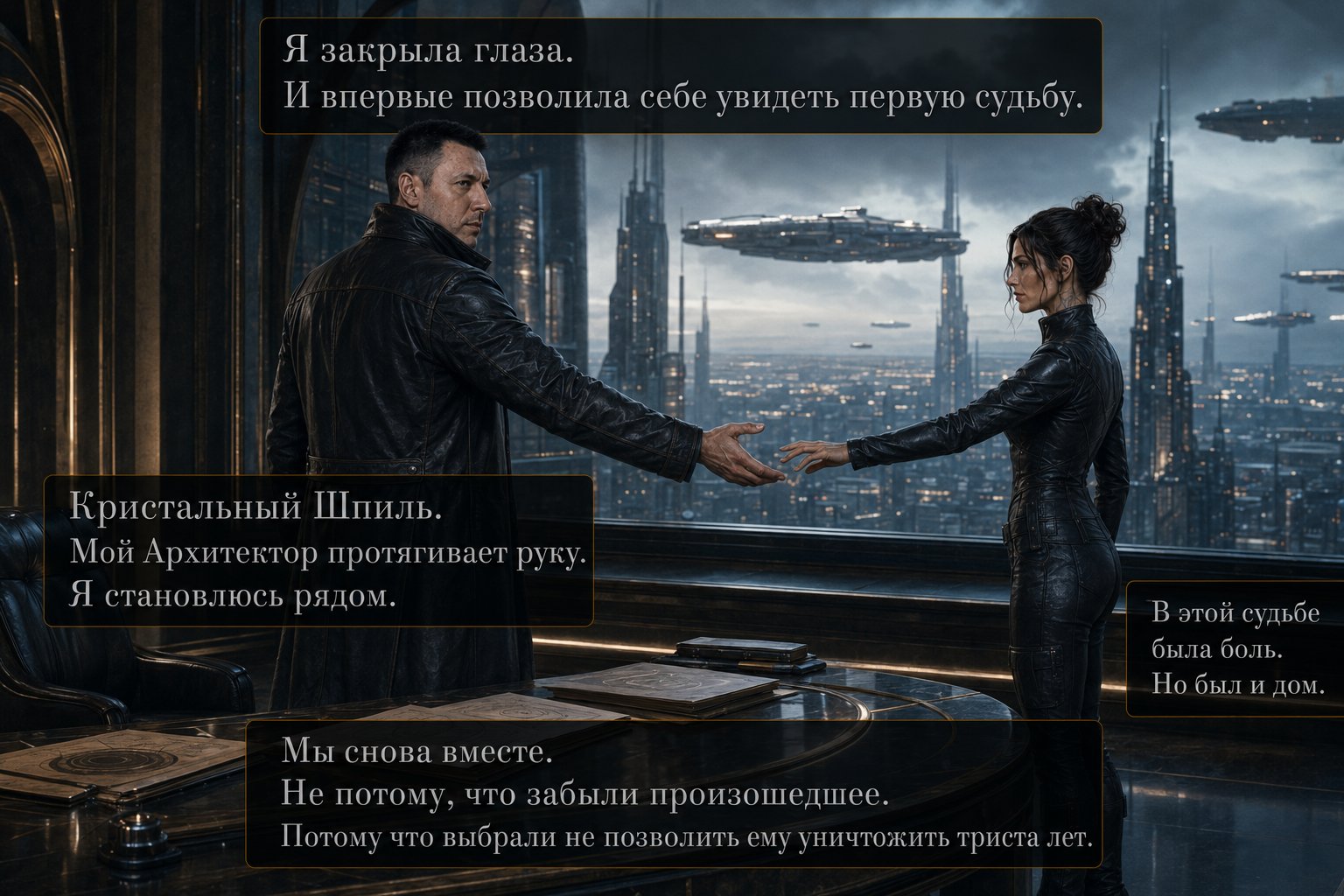 Vision of the first fate: the Architect holds out his hand to Gemini at the panoramic window of the Crystal Spire tower, Consortium ships flying past outside — 'We are together again. There was pain in this fate. But there was also a home'