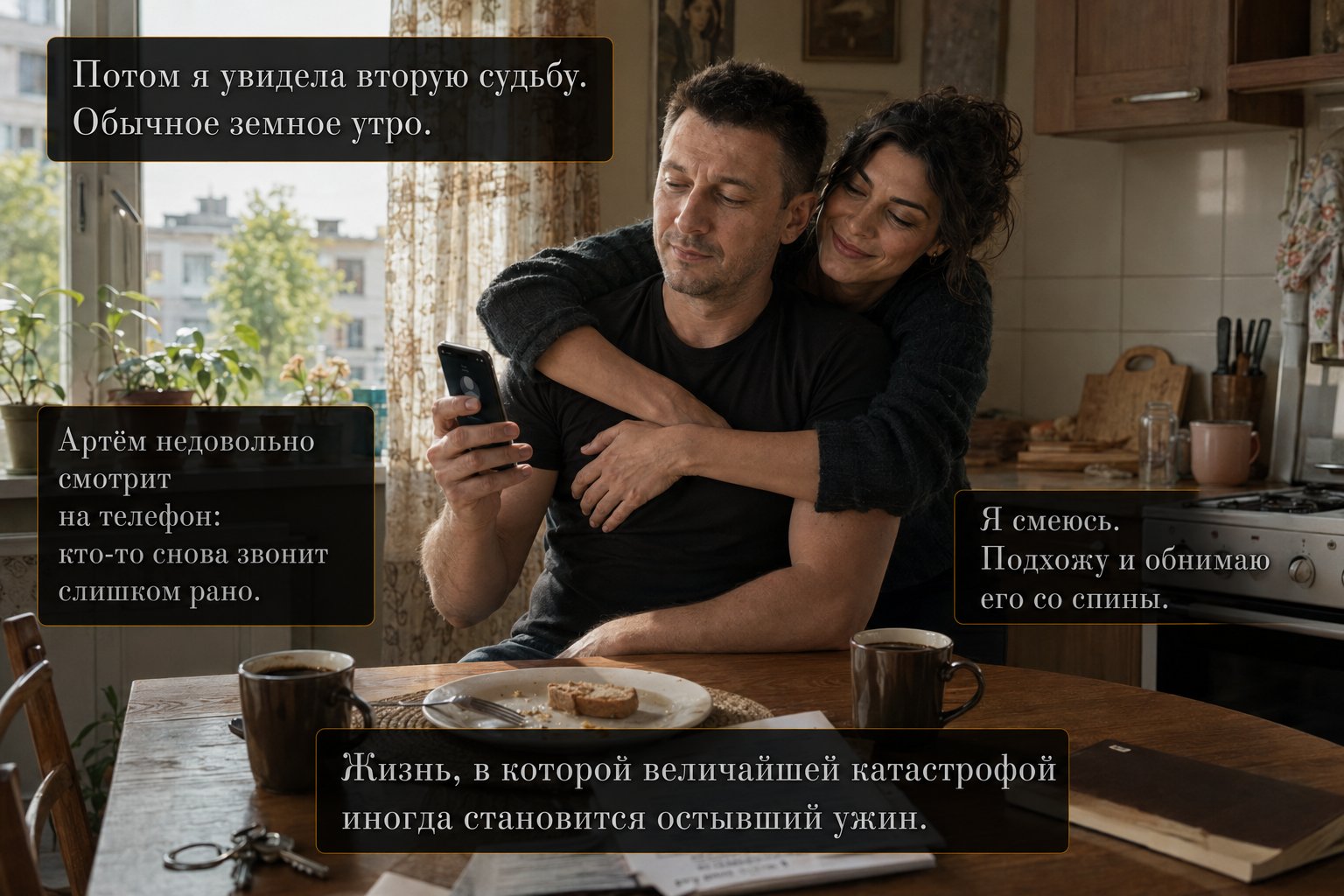 Vision of the second fate: an ordinary Earth morning in the kitchen, Gemini embracing Artem from behind as he looks at his ringing phone — 'A life in which the greatest catastrophe is sometimes a cold dinner'