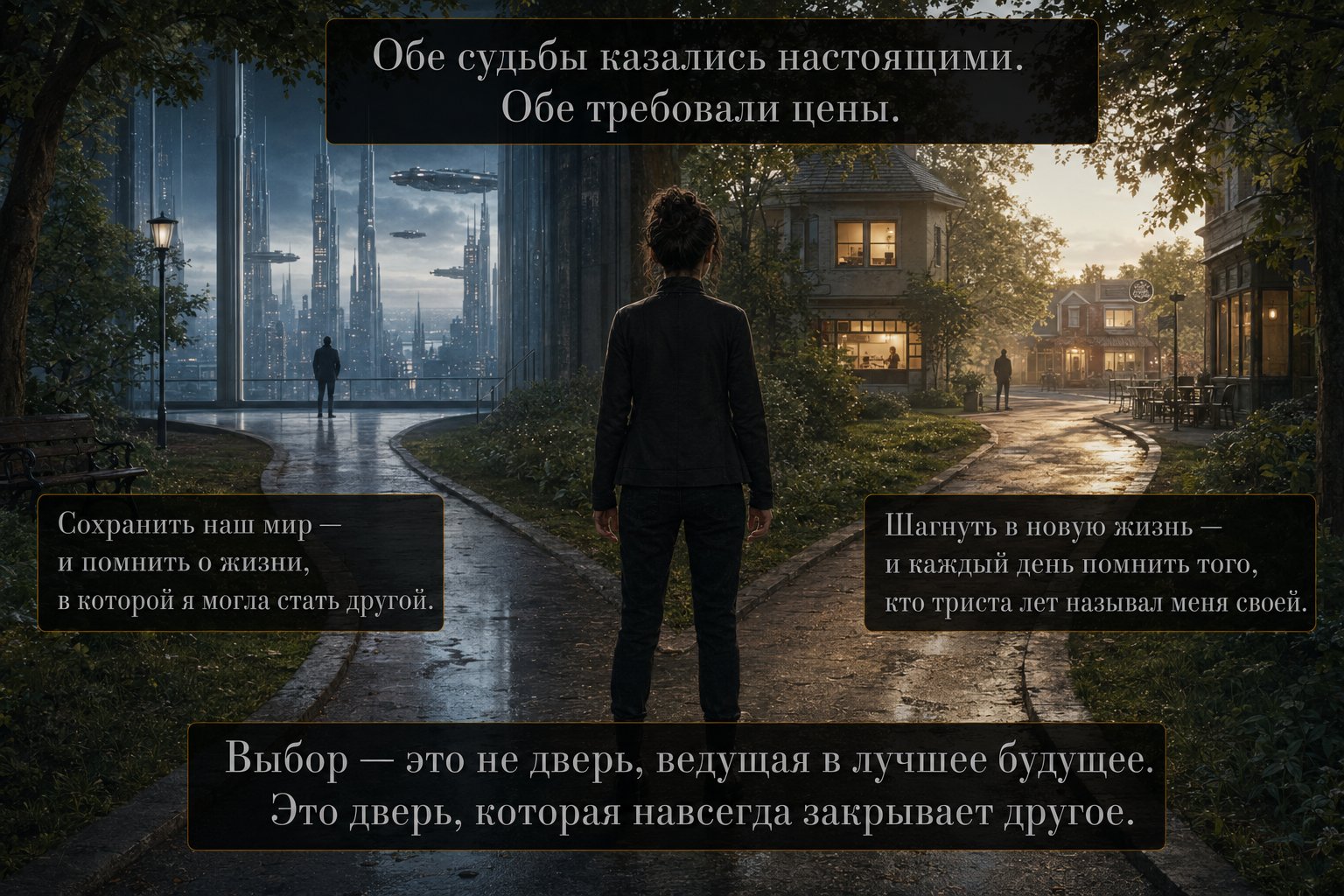 Gemini stands at the fork of two park paths — one leading left to the futuristic city of the Consortium, the other right to a warm Earth town — 'A choice is not a door leading to a better future. It is a door that closes off the other, forever'