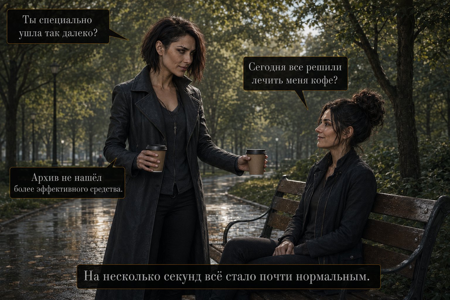Lira hands Gemini a mug of coffee in the park — 'Did you walk this far on purpose?' 'Has everyone decided to cure me with coffee today?' 'The Archive found no more effective remedy'