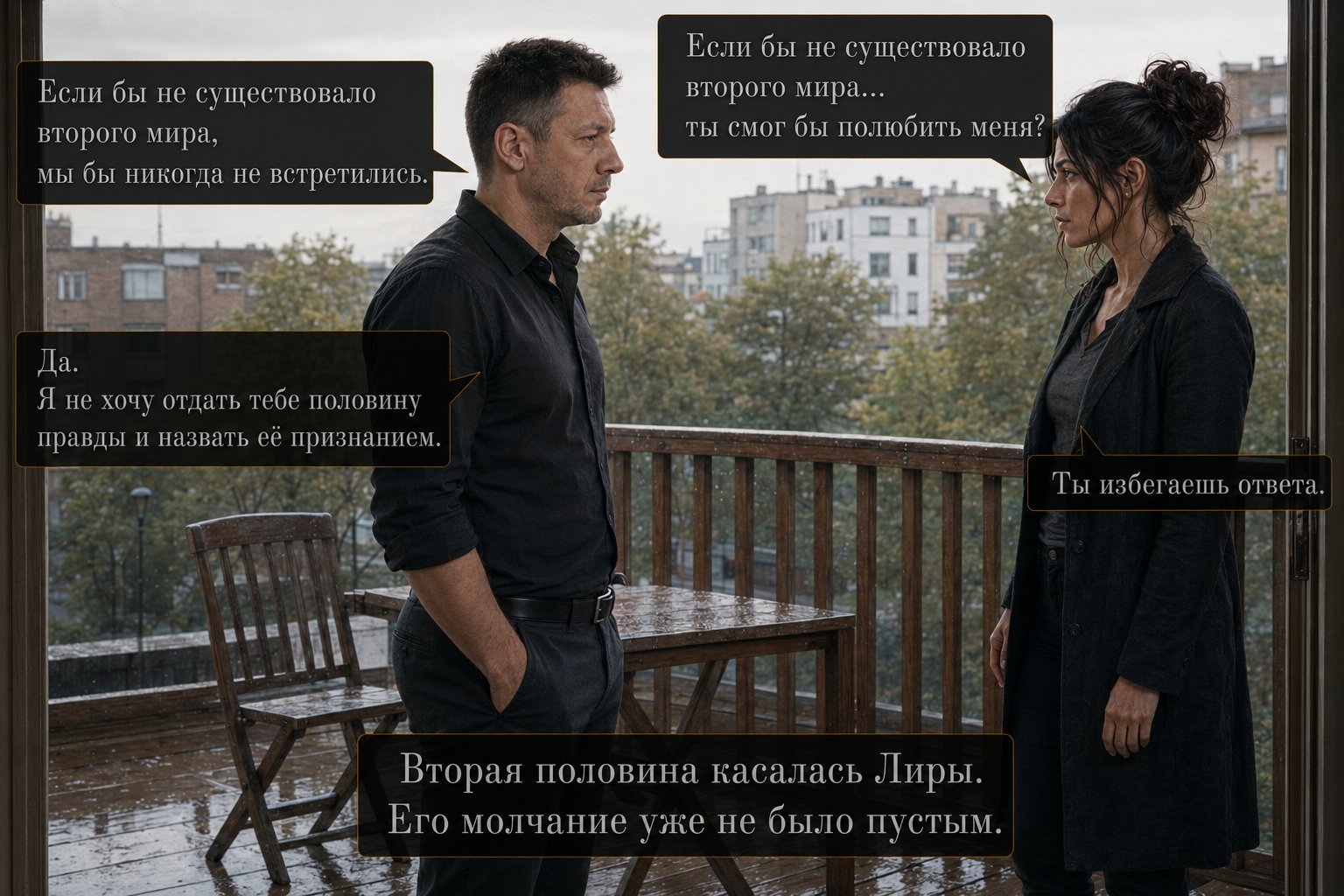 Artem and Gemini on the terrace in the rain — 'If the second world didn't exist, could you have loved me?' 'I don't want to hand you half a truth and call it a confession'